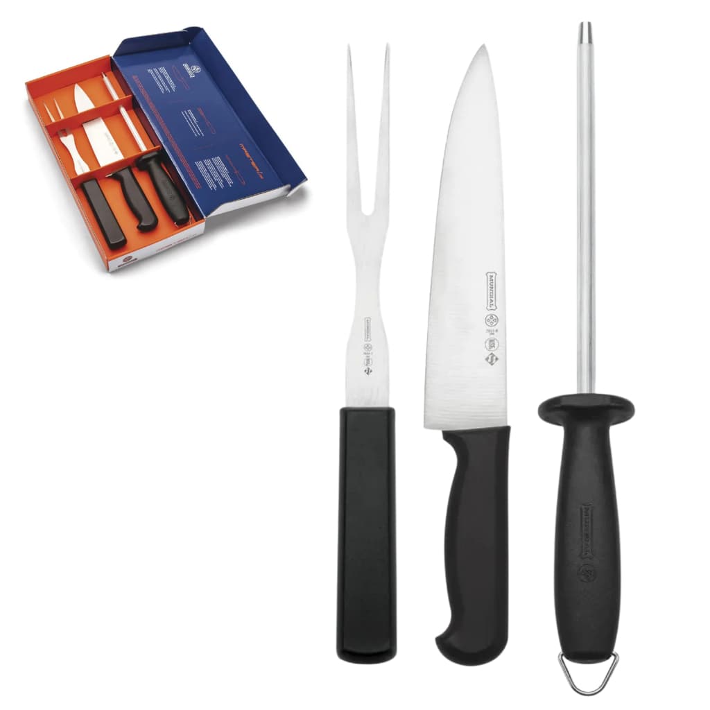 Kit Facas Churrasco 3 Peças Aço Inox Faca Garfo Amolador