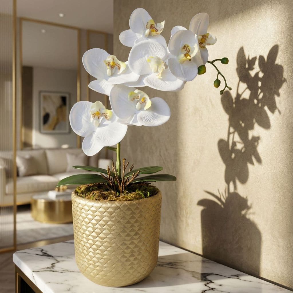 Arranjo Orquídea Siliconada Toque Aparência Real Vaso Dourado Textura Exclusiva