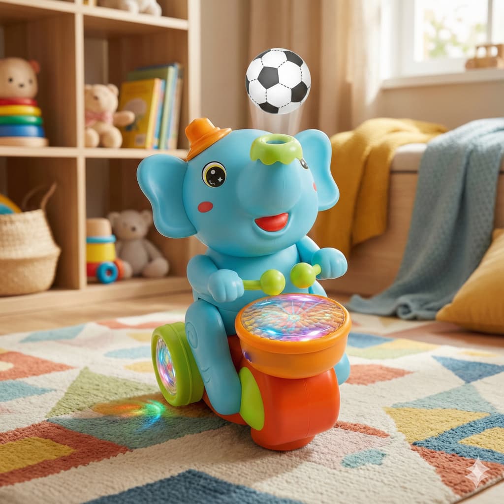 Elefante Musical Iterativo Com Luzes Sons Batendo Tambor Assopra Bola - Brinquedo Infantil