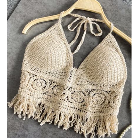 Cropped crochê com bojo bege damasco verão praia fim de ano ano novo cropped top amarração ajustável