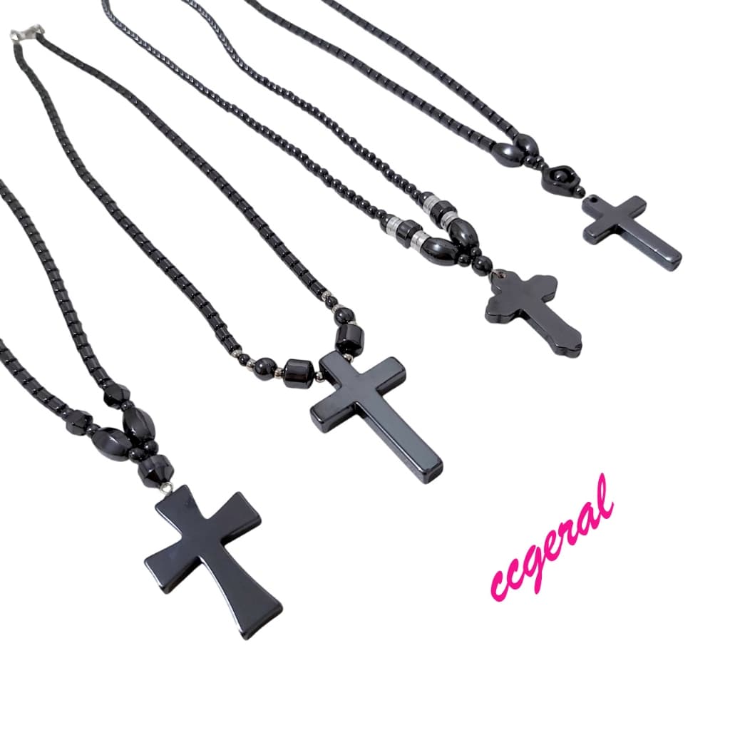 Colar de Pedra Hematita Com Cruz Colar Curto