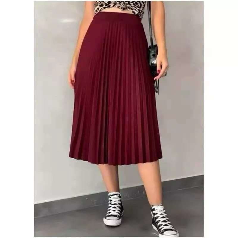 Saia Midi Plissada Moda Feminina Evangelica Com Forro Cintura Alta