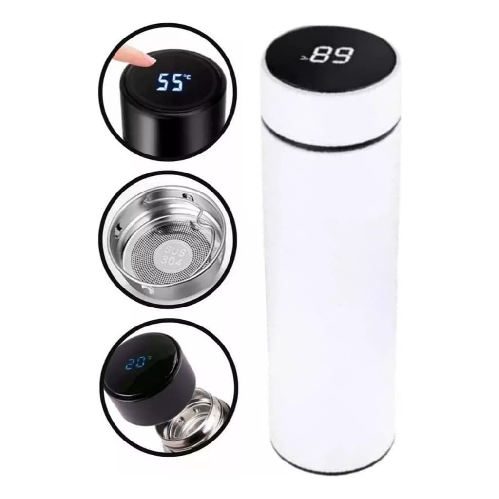 Garrafa Térmica Com Termômetro Digital em LED 500ml - Cor Branca Personalizada