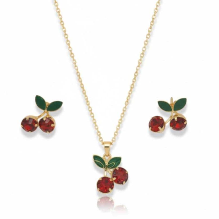 Conjunto Colar E Brincos Cereja Folheados a Ouro e Prata / Cherry Necklace