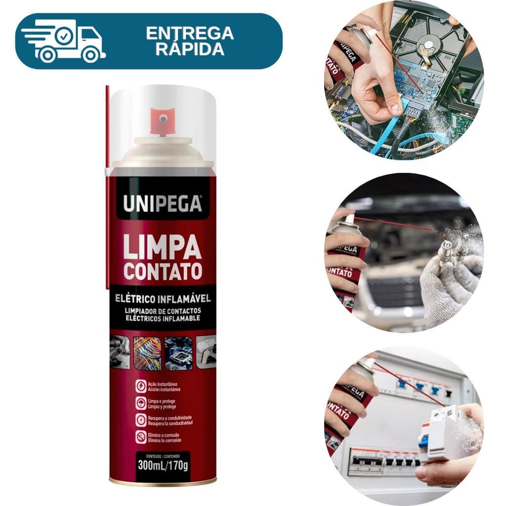 Limpa Contato Eletrico Eletronico Spray 300ml Unipega Para Pc Pilha Bateria Placa de Circuitos Disjuntor Computador