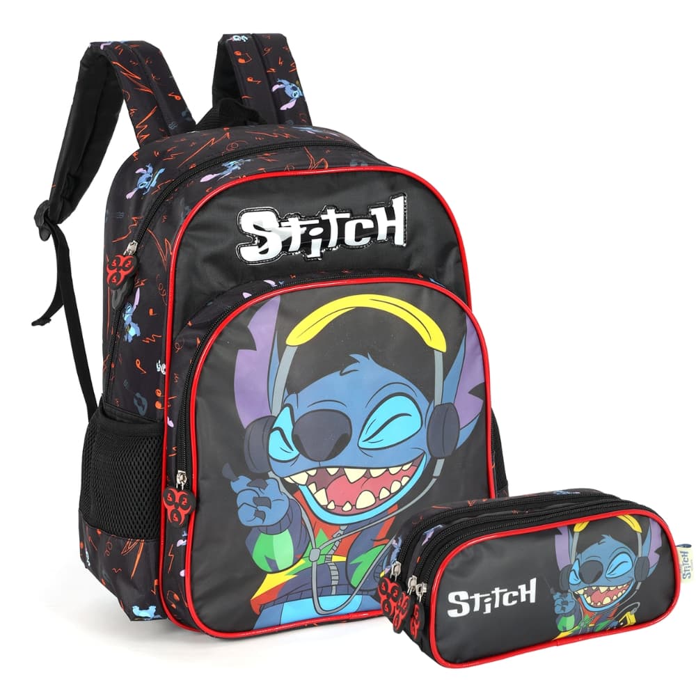 Kit Mochila de Costas Stitch com Estojo Preto Menino - Luxcel