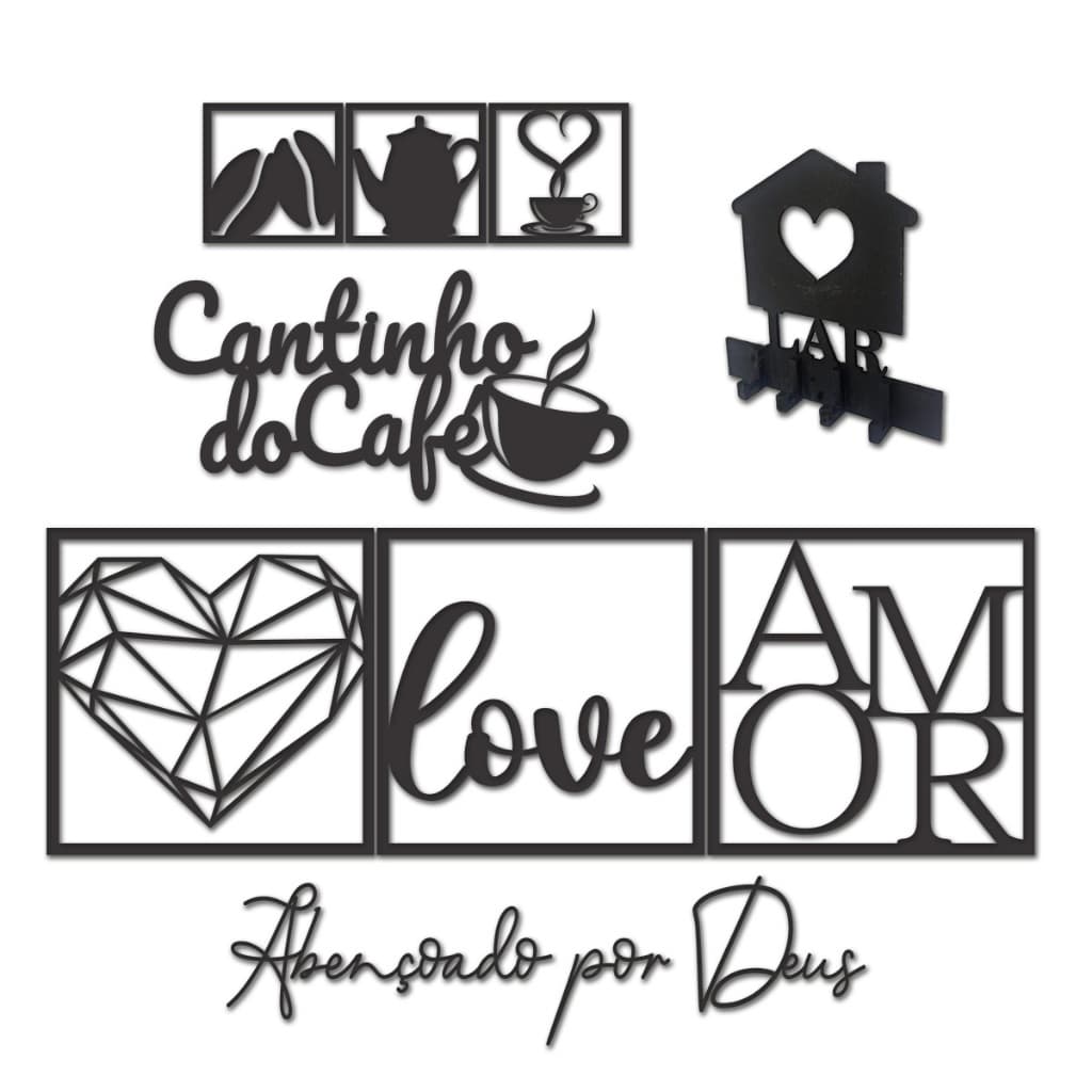 Kit Quadros Decorativos Em MDF Preto Love Cantinho do Café E Porta Chaves