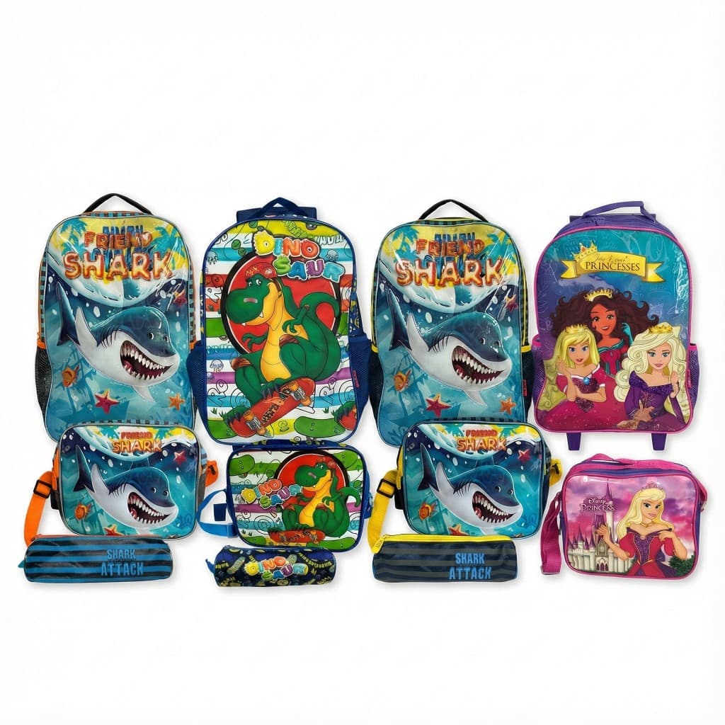 Kit Mochila Infantil Escolar com 3 peças meninas e meninos Princesas Tubarões Dinossauro