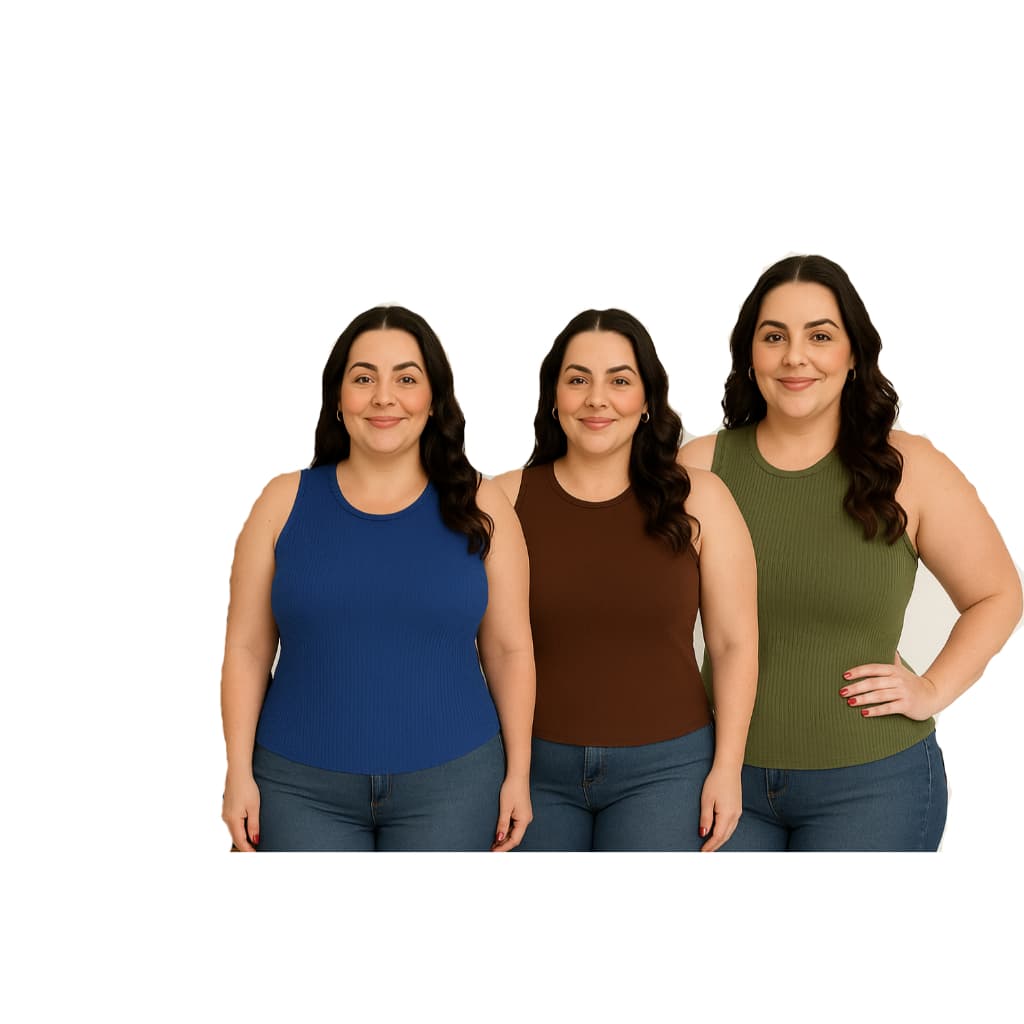 KIT 3 Regata Plus Size Feminina Ribana Alta Qualidade e Conforto