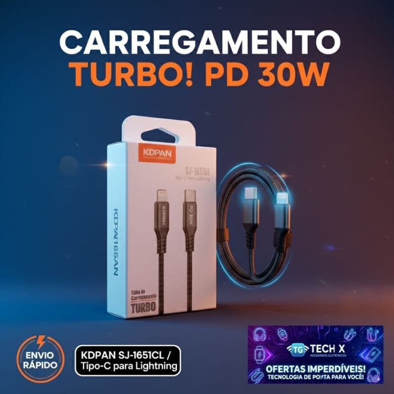 Cabo Tipo C Para Lightning Turbo 30W PD KDPAN Carregamento Rápido.
