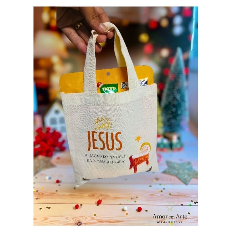 Ecobag 18x18cm em algodão cru sacola personalizada tema natal presente de natal