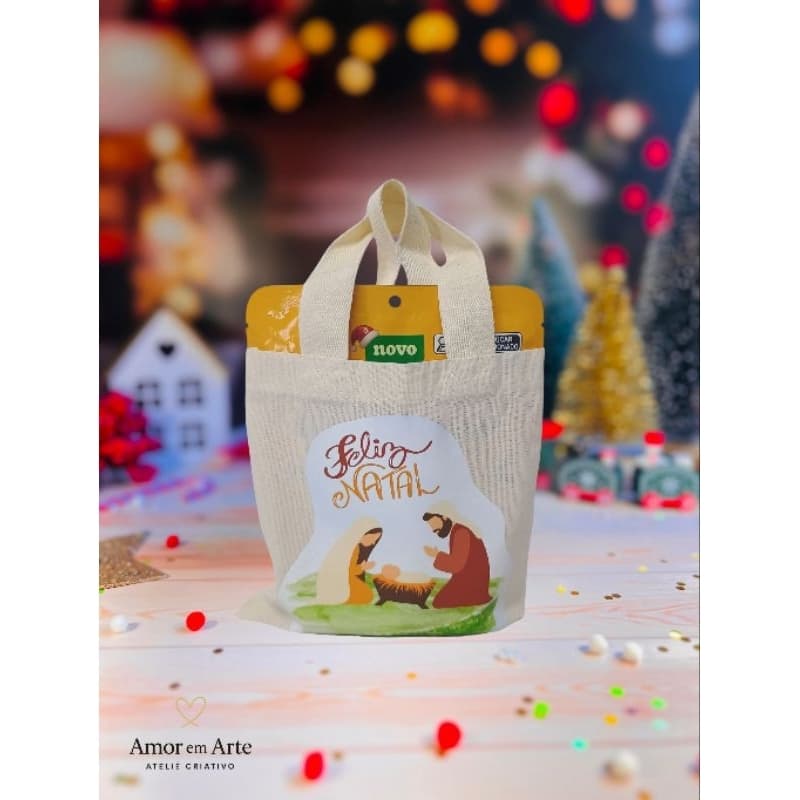 Sacolinha ecobag 18x18cm personalizada tema natal em algodão cru