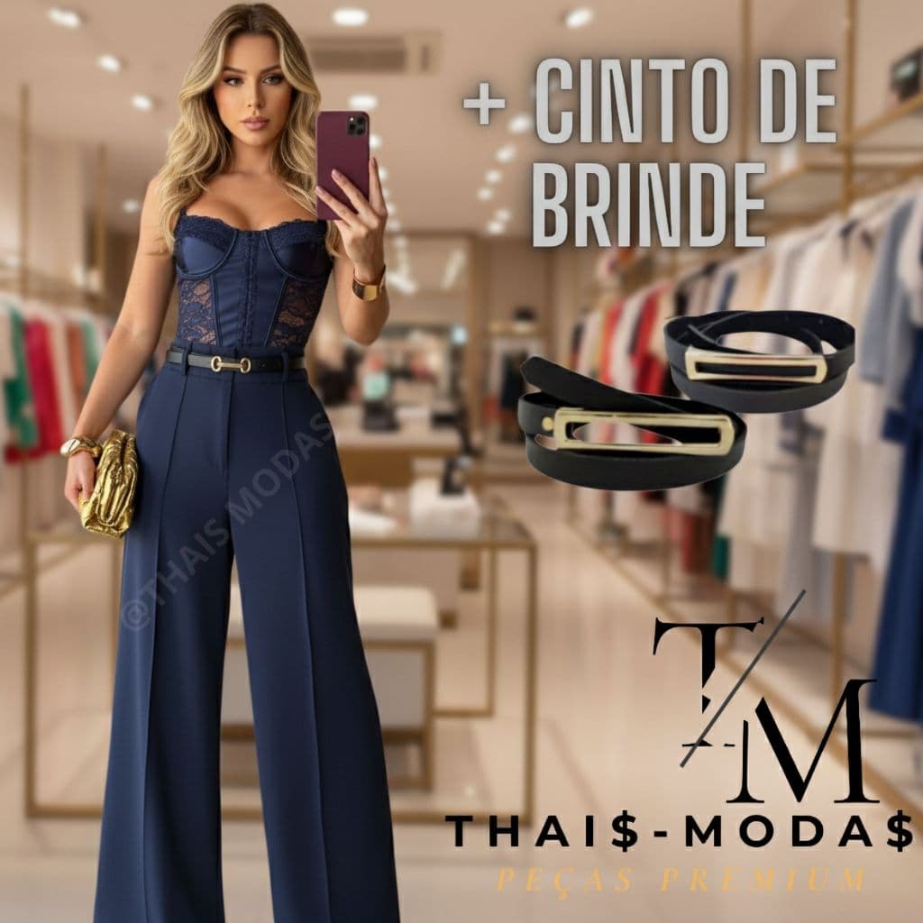 Calça Pantalona cor azul marinho Feminina Alfaiataria Cintura Alta Cinto de Qualidade Perfeita para Todas as Ocasiões