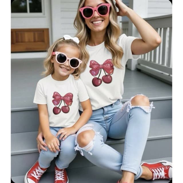 Kit Camiseta Mãe e Filha Laço Rosa com Cereja | Algodão 100% | Look Combinando blusinha feminina adulto infantil