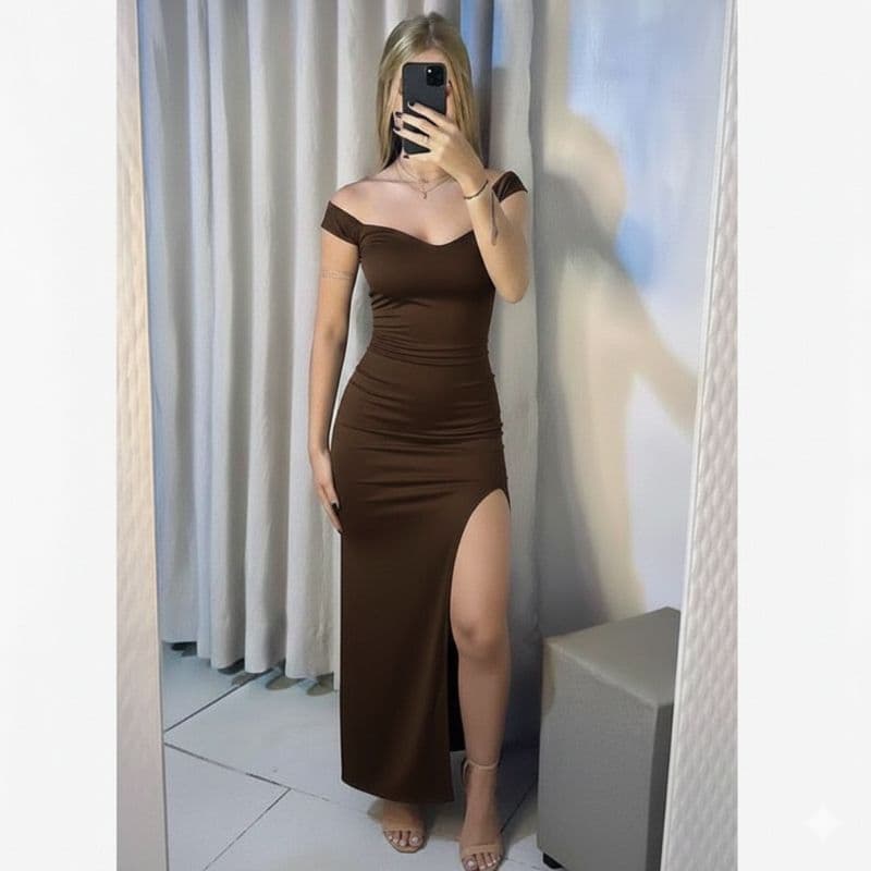 Vestido Fenda Ciganinha Ombro a Ombro Decote Coração Lindo Estiloso Poliamida Tendência Blogueirinha