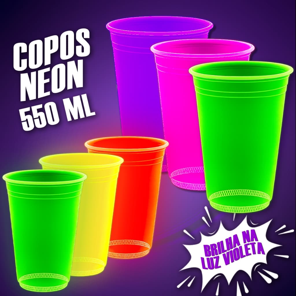50 Copos Neon 550 ML Descartáveis Brilha na Luz Violeta
