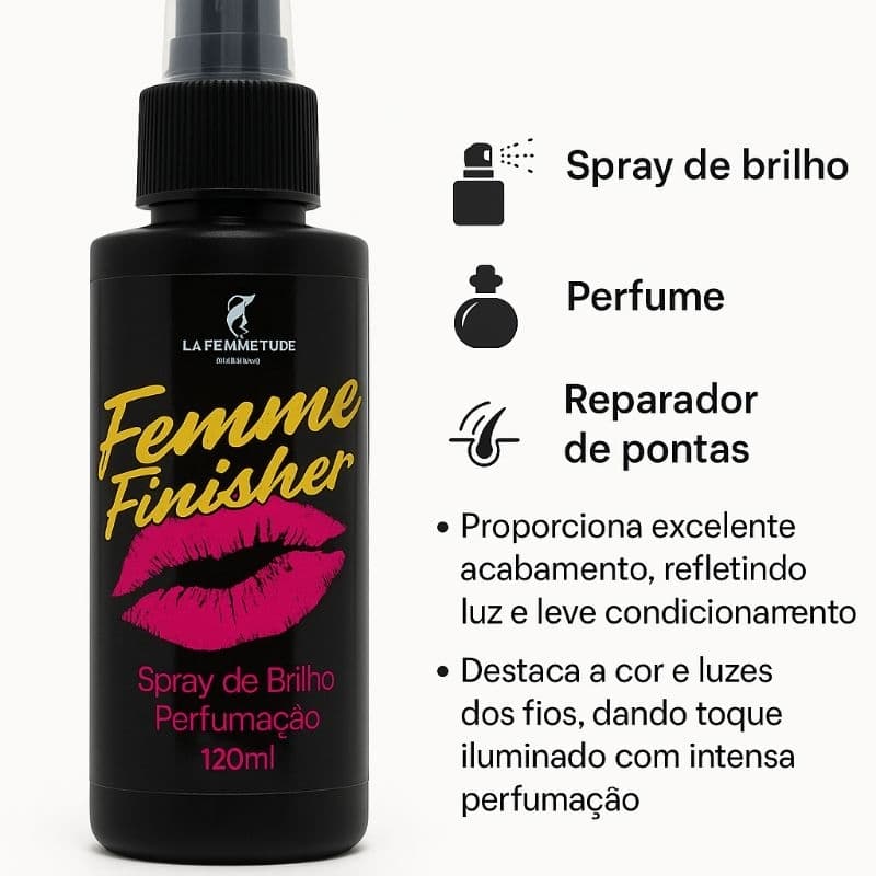 Spray de brilho capilar Femme Finisher, reparador de pontas, protetor e perfume capilar, 120ml