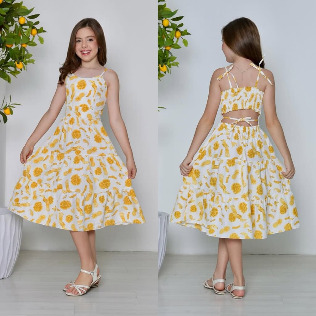 VESTIDO INFANTIL FEMININO PARA MENINAS DO 10 AO 16 MIDI TROPICAL