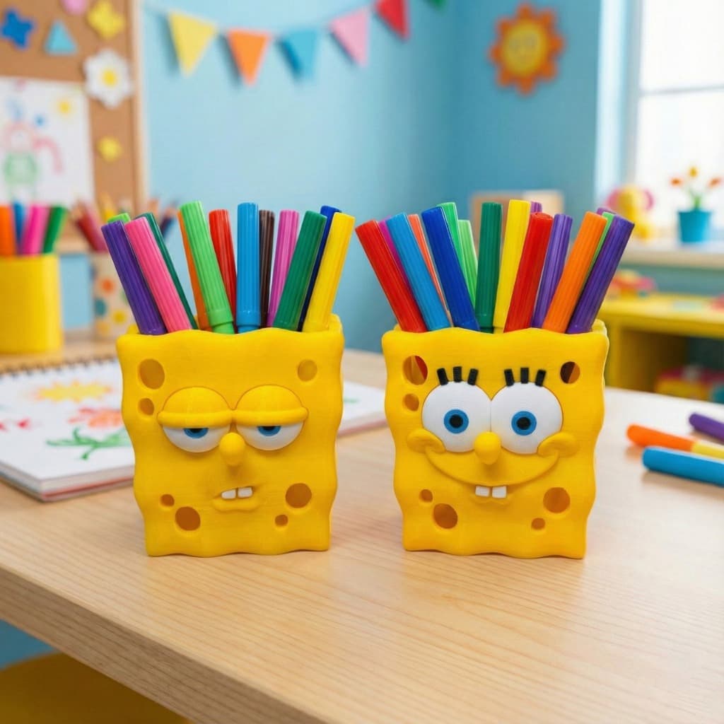 Porta Lápis /Porta Canetas / Treco Bob Esponja 3D/2 Faces (Feliz e Sério) /Organizador de Mesa Geek