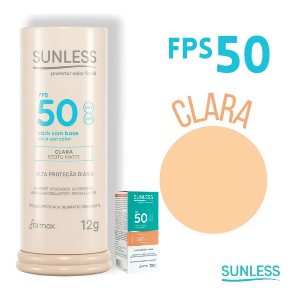 Protetor Solar Facial Stick Com Base Clara Efeito Matte Sunless 12g