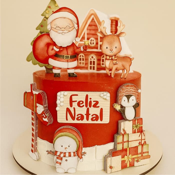 topo de bolo topper feliz natal decoração enfeite natalina papai noel