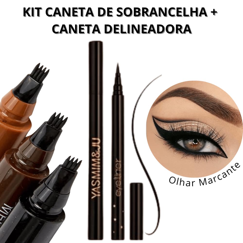 Kit Caneta de Sobrancelha Fio a Fio Microblanding e Caneta Delineadora Preta Intenso A Prova D’Água Secagem Rapida