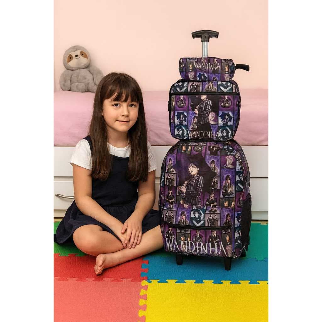 Kit Mochila Feminina Wandinha Escolar Com Rodinhas + Estojo + Lancheira Térmica