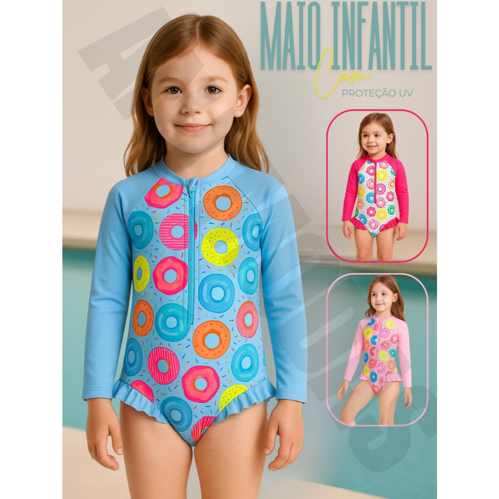 Maiô Infantil Menina Manga Longa Bebe Com Proteção Uv 50 Maio