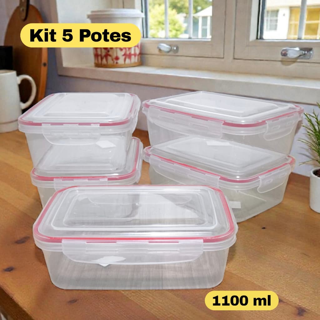 Kit 5 Potes Plásticos Transparentes com Tampa com Travas para cozinha 1100 ml