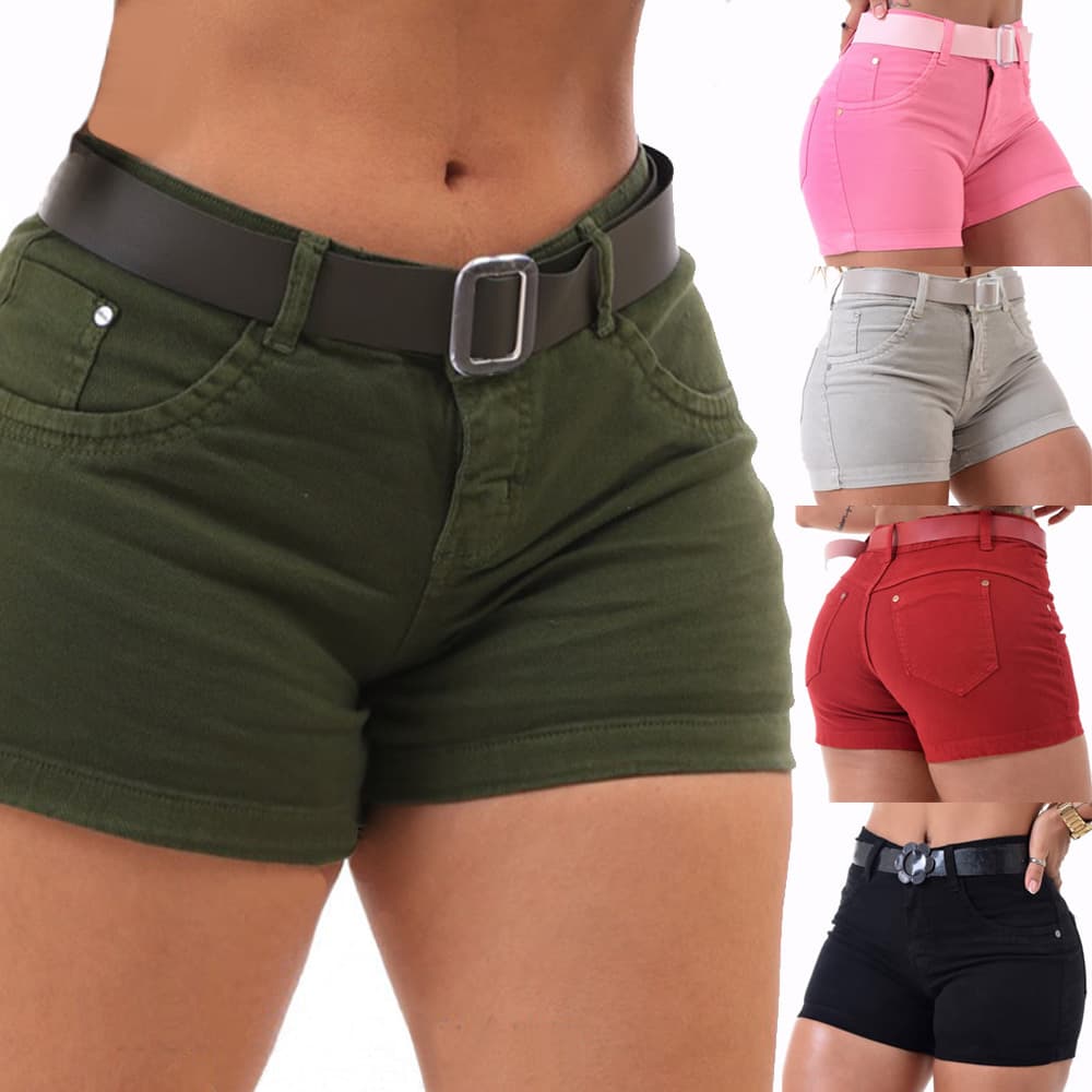 Shorts Jeans Feminino Com Cinto Bermuda Brim Feminina Shortinho Curto
