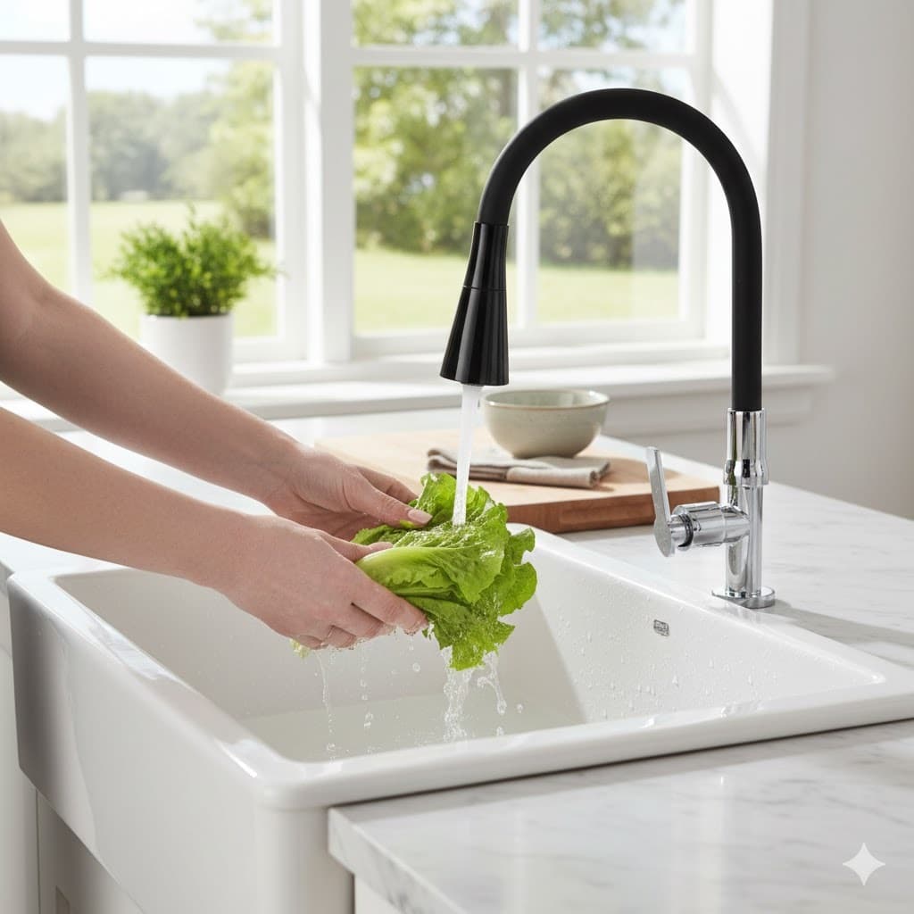Torneira Cozinha Silicone Flexível Ducha Mesa Rotativa Preto Durável