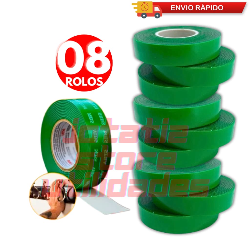 Jogo 8/ 4/ 2 Rolos Fita Dupla Face 2M - Fita Adesiva Fixa Extra Forte Transparente - Dupla Face Para Parede