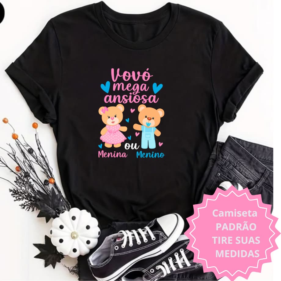 Camiseta Chá Revelação – Vovô e Vovó Mega Ansiosos! Menino ou Menina PRETA/BRANCA