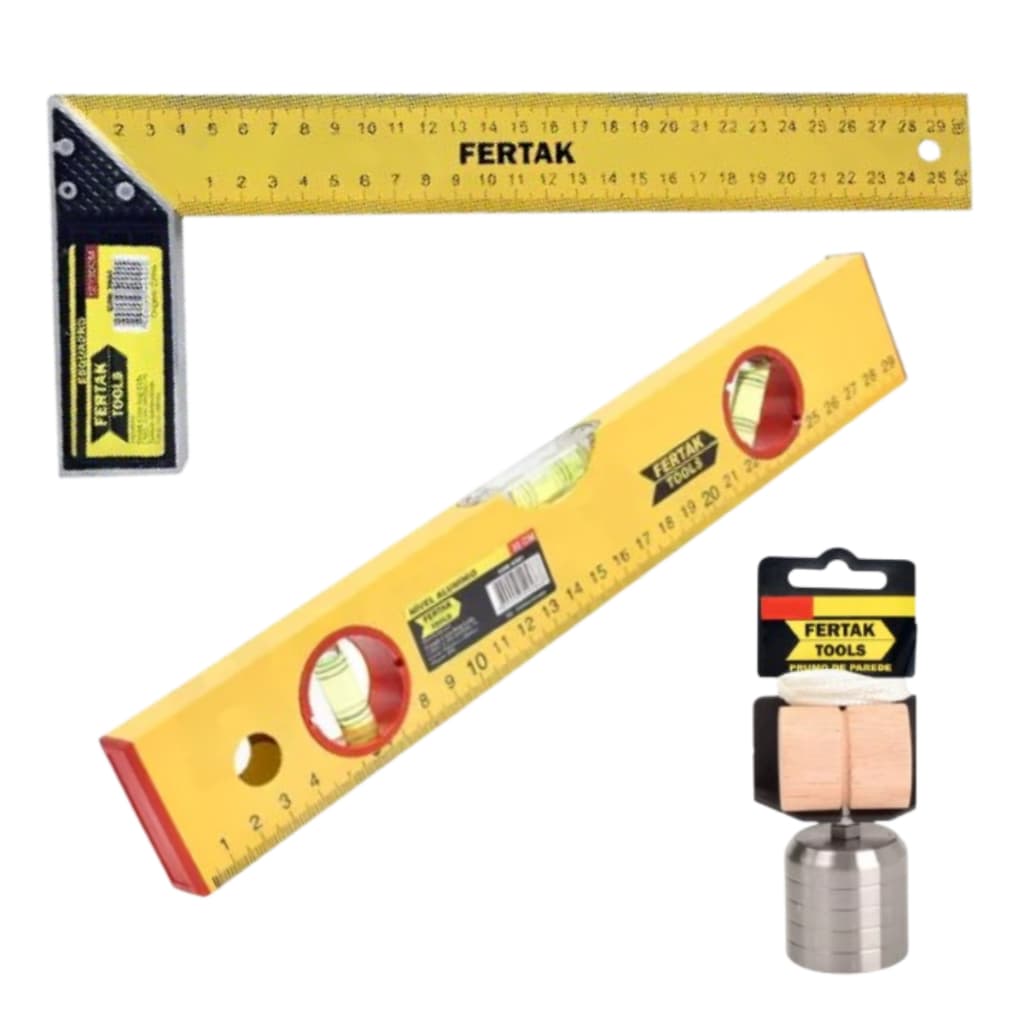 Kit Esquadro 12" Pol. Nível 12" Pol. 3 Bolhas Prumo 400 gr Kit 3 Pçs Profissional Obra - Fertak