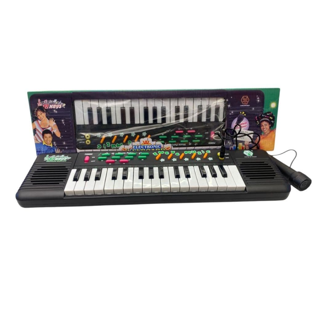 Brinquedo Eletrônico Teclado 32 Teclas com Microfone e  Fonte na Cor Preta Musical Infantil Diversão