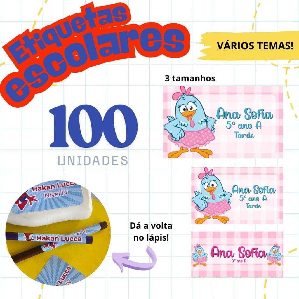 Etiquetas adesivo escolar GALINHA PINTADINHA - ROSA - MENINA  -  PERSONALIZADO - VÁRIOS TEMAS - NOME E SÉRIE