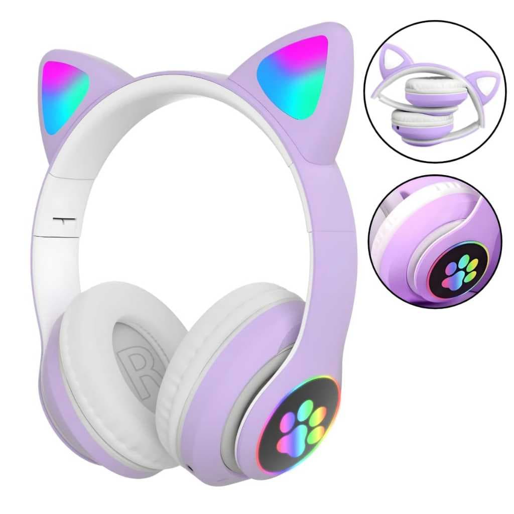 Fone De Orelhinhas De Gato Led Colorido Bluetooth Fm Sd Rgb Infantil
