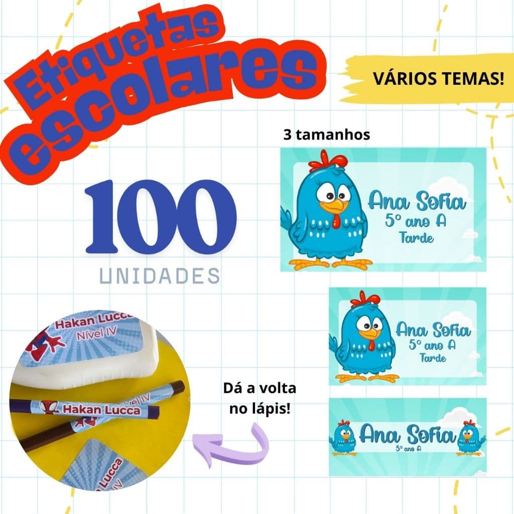 Etiquetas adesivo escolar GALINHA PINTADINHA - AZUL -  PERSONALIZADO - VARIOS TEMAS - NOME E SÉRIE
