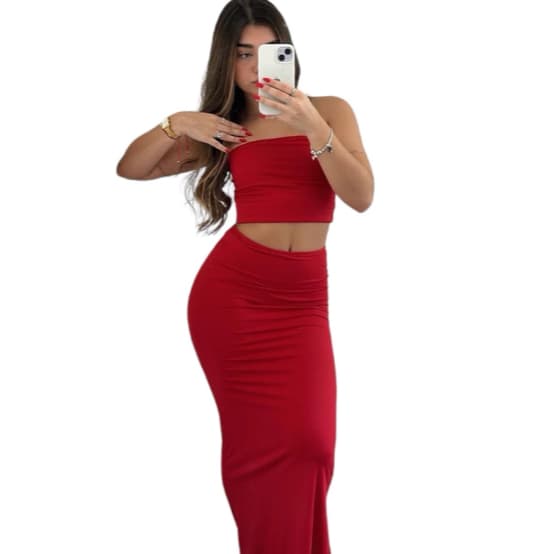 CONJUNTO FEMENINO+SAIA LONGA COM FENDA NAS COSTAS+ CROPED+TOP+TOMARA QUE CAIA +TECIDO SUPLEX FORRADO