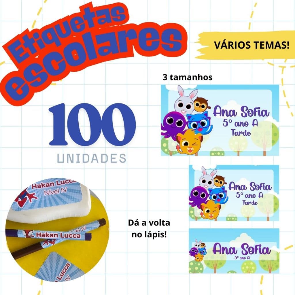 Etiquetas adesivo escolar BOLO FOFO - MENINO - AZUL -  PERSONALIZADO - VARIOS TEMAS - NOME E SÉRIE