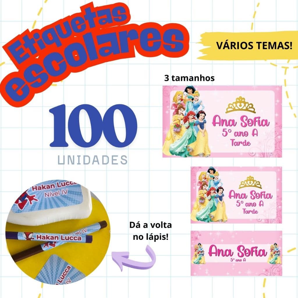Etiquetas adesivo escolar PRINCESAS -  PERSONALIZADO - VARIOS TEMAS - NOME E SÉRIE