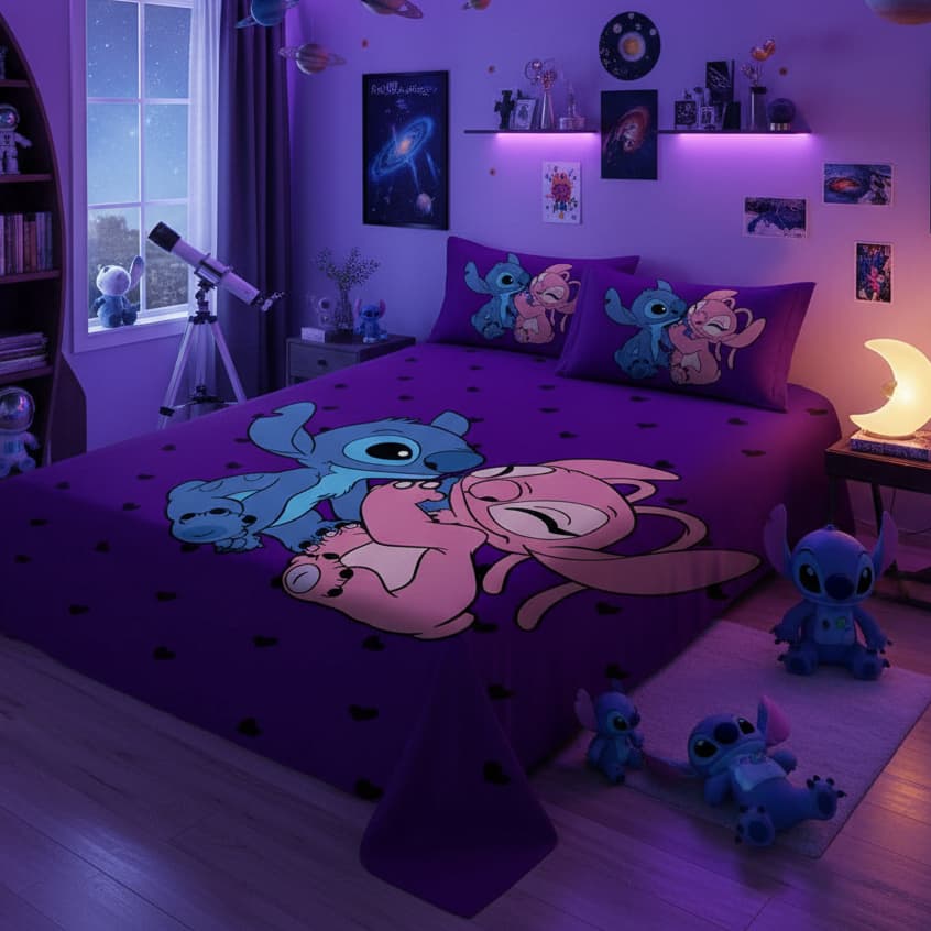 Lençol Queen de Personagem Stitch sem elástico 3 Peças COR : LCQ 47 | Jogo de Cama Colcha Infantil