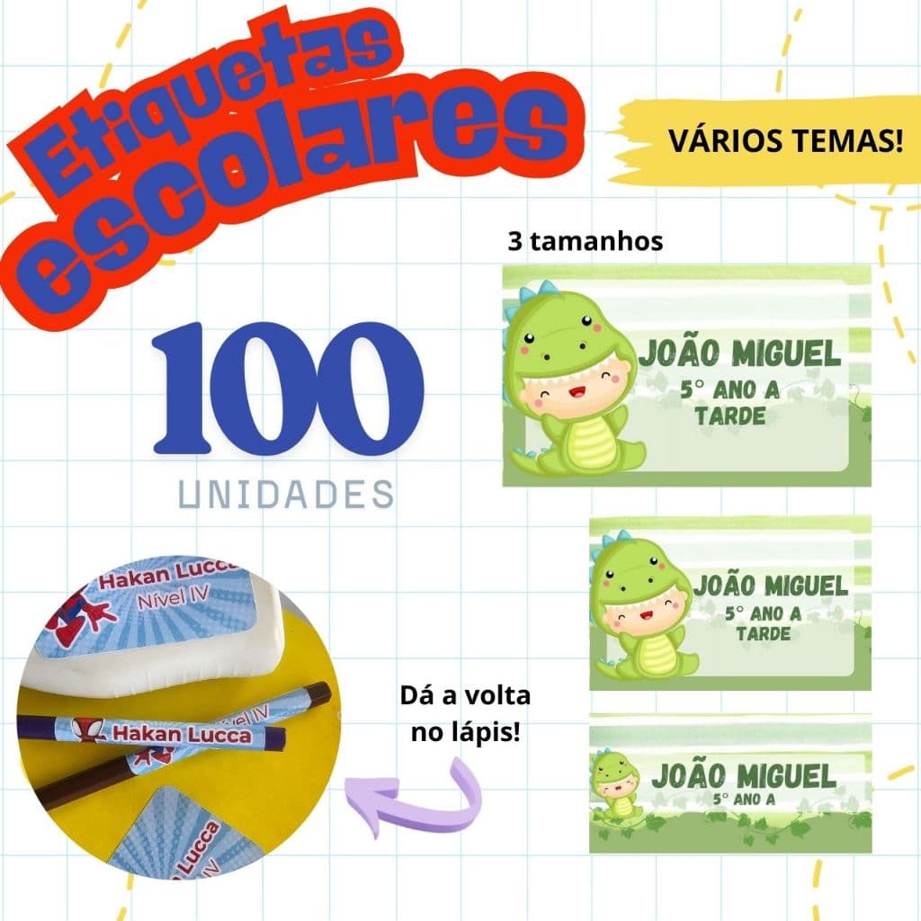 Etiquetas adesivo escolar DINO BABY - DINOSSAURO -  PERSONALIZADO - VARIOS TEMAS - NOME E SÉRIE