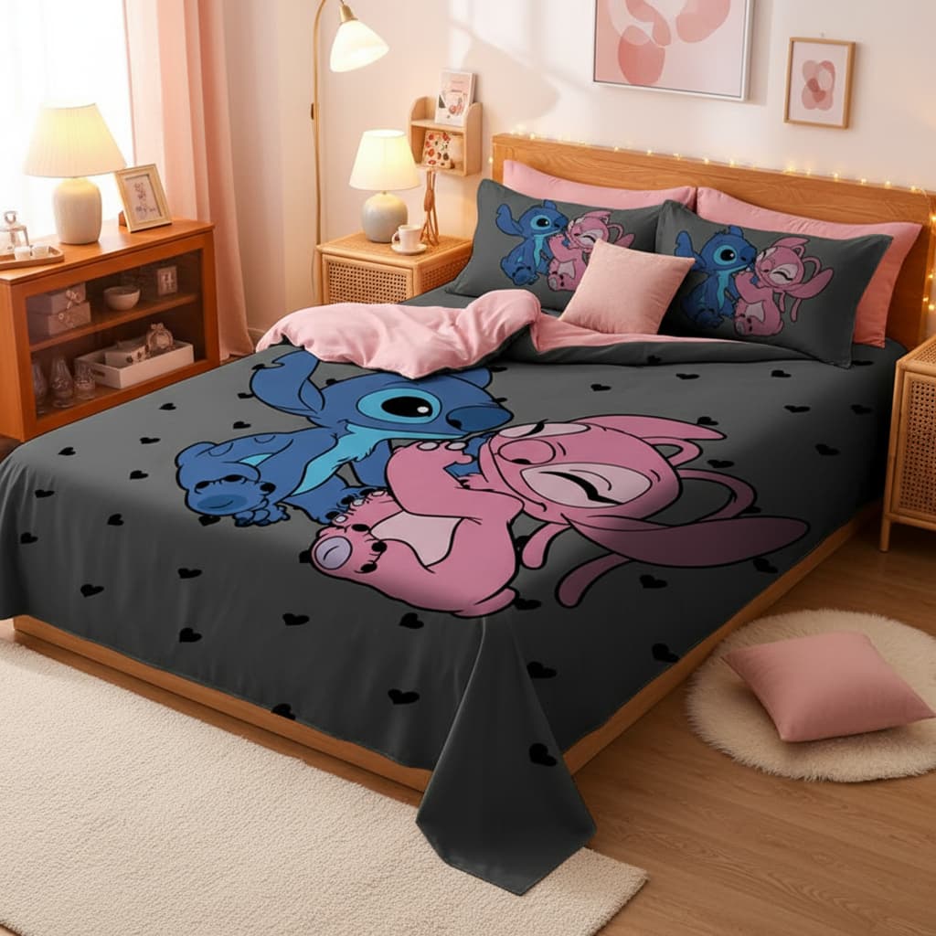 Lençol Queen de Personagem Stitch sem elástico 3 Peças COR : LCQ 50 Jogo Cama Colcha Infantil Disney