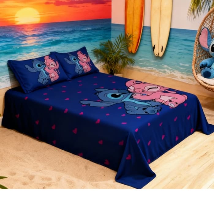Lençol Queen de Personagem Stitch e Angel sem elástico 3 Peças COR:LCQ 51  Jogo Cama Colcha Infantil