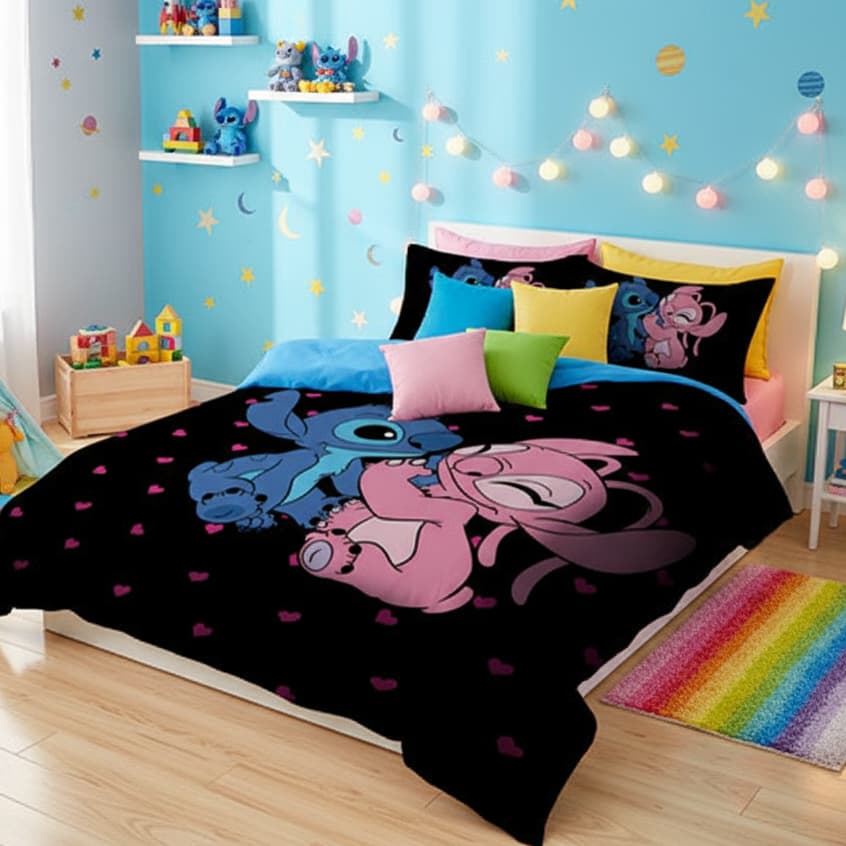 Lençol Queen de Personagem Stitch e Angel sem elástico 3 Peças COR:LCQ 53 Jogo Cama Colcha Infantil