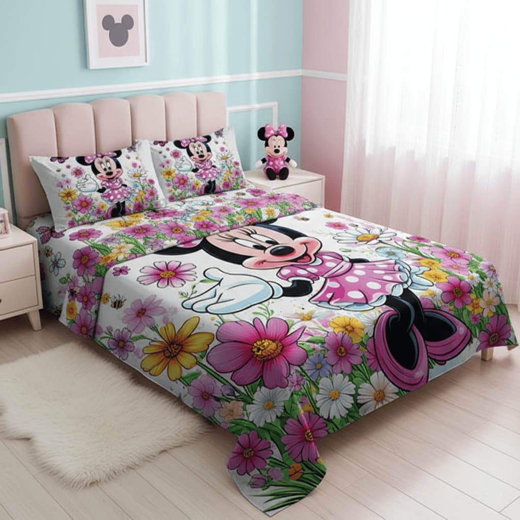Lençol Queen de Personagem Minnie sem elástico 3 Peças COR:LCQ 55 | Jogo Cama Colcha Infantil Disney