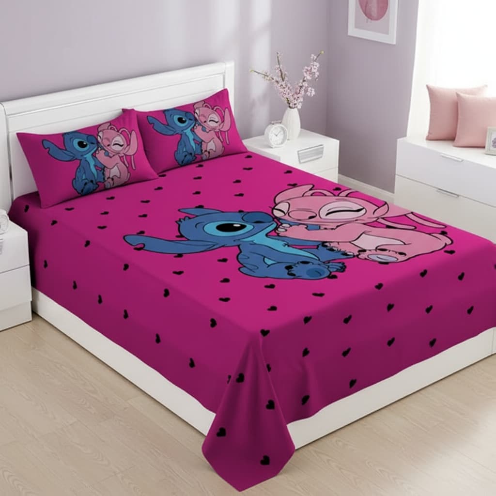 Lençol Queen de Personagem Stitch e Angel sem elástico 3 Peças COR:LCQ 58 Cama Colcha InfantilDisney