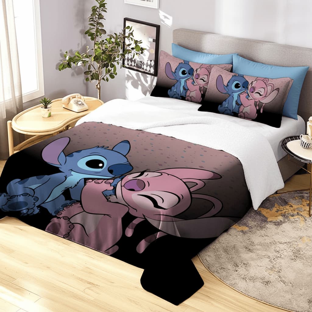 Lençol Queen de Personagem Stitch e Angel sem elástico 3 Peças COR:LCQ 59 Cama Colcha InfantilDisney