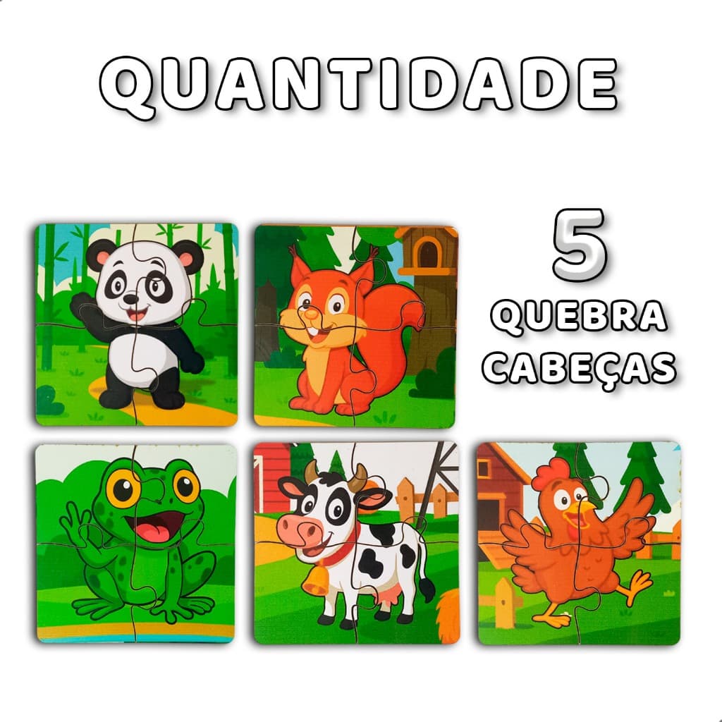 Kit 5 Quebra-Cabeças Infantis Animais Selvagens Educativo Didático para Crianças Peças Grandes com Cores Vivas Coordenaç